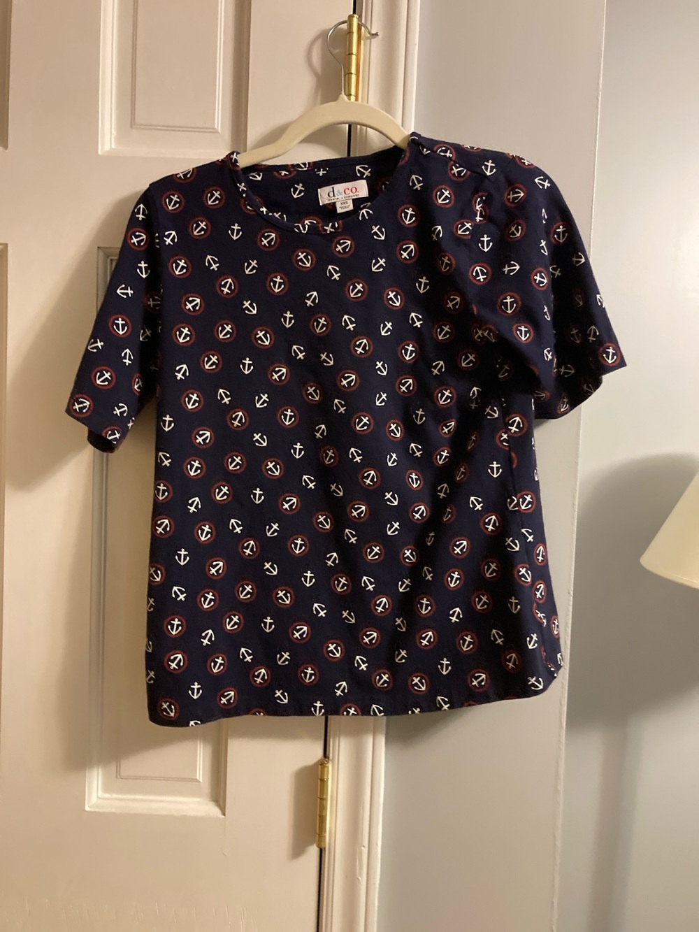 Denim&Co Navy Short Sleeve Anchor Print Top with White and Red Accents